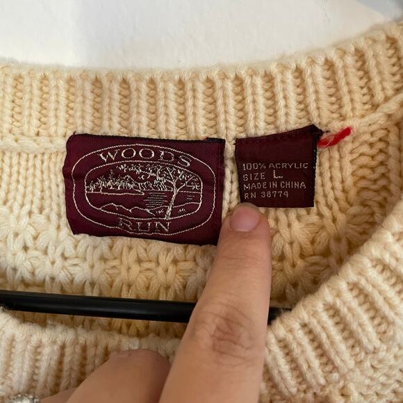 VTG Chunky Knit Fisherman Cream Sweater Men's SZ LARGE Diamond Cable Knit EUC - Picture 4 of 8